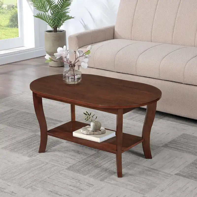 Table basse ovale en bois avec étagère inférieure, pieds courbés, couleur expresso, blanc, noir