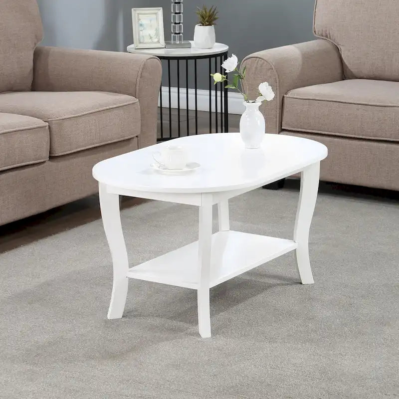 Table basse ovale en bois avec étagère inférieure, pieds courbés, couleur expresso, blanc, noir