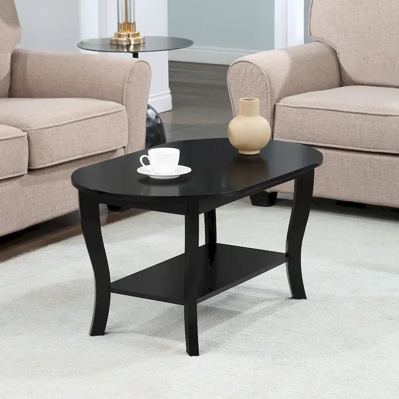 Table basse ovale en bois avec étagère inférieure, pieds courbés, couleur expresso, blanc, noir