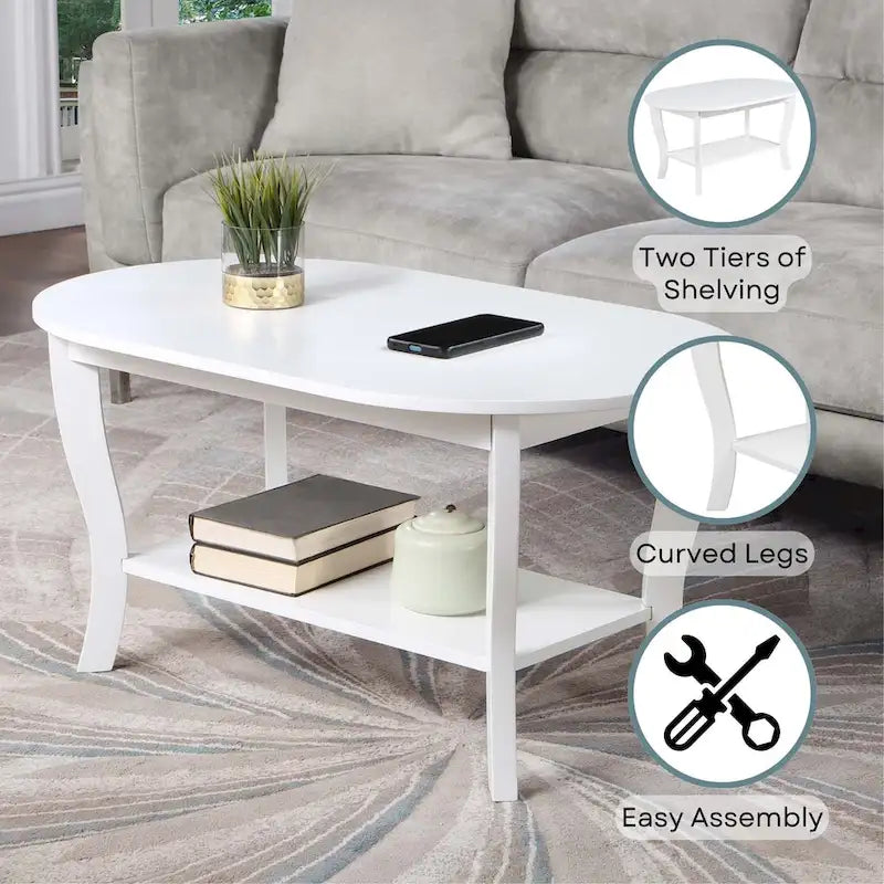 Table basse ovale en bois avec étagère inférieure, pieds courbés, couleur expresso, blanc, noir