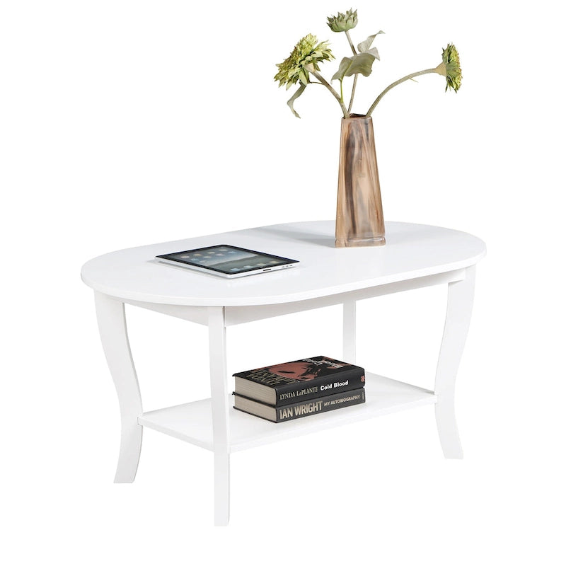 Table basse ovale en bois avec étagère inférieure, pieds courbés, couleur expresso, blanc, noir