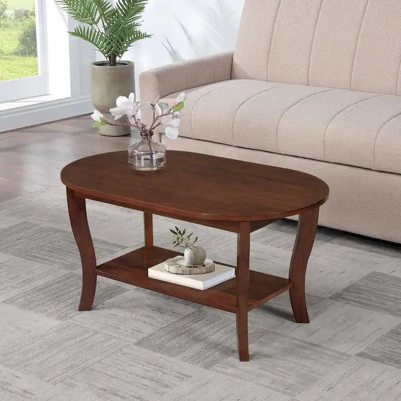 Table basse ovale en bois avec étagère inférieure, pieds courbés, couleur expresso, blanc, noir