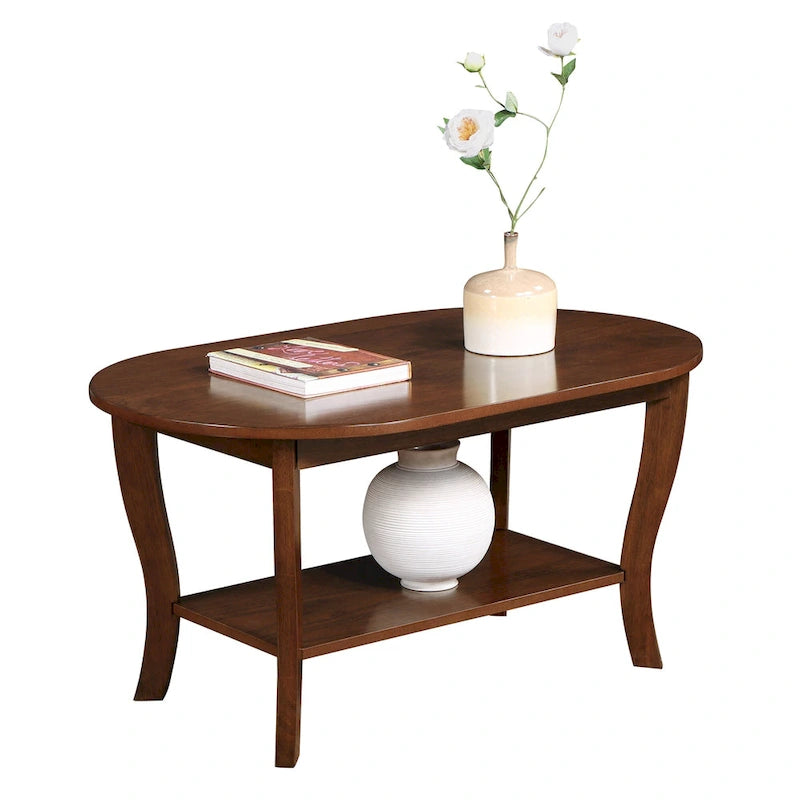 Table basse ovale en bois avec étagère inférieure, pieds courbés, couleur expresso, blanc, noir