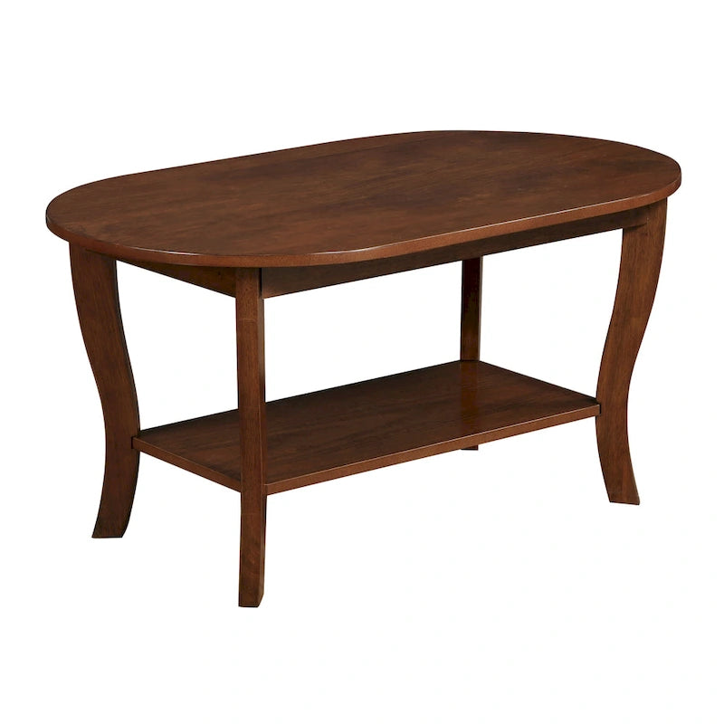 Table basse ovale en bois avec étagère inférieure, pieds courbés, couleur expresso, blanc, noir