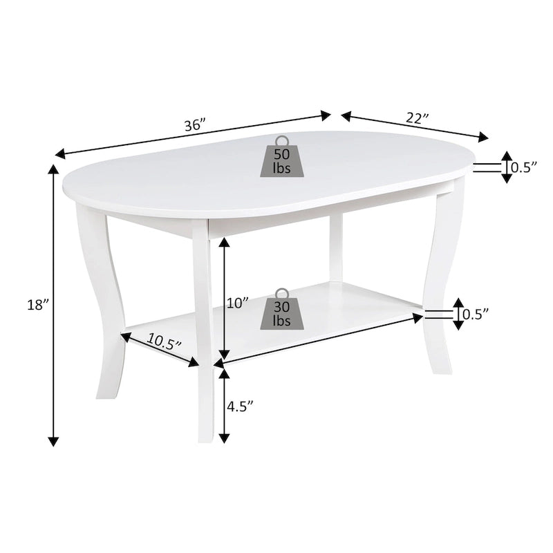 Table basse ovale en bois avec étagère inférieure, pieds courbés, couleur expresso, blanc, noir