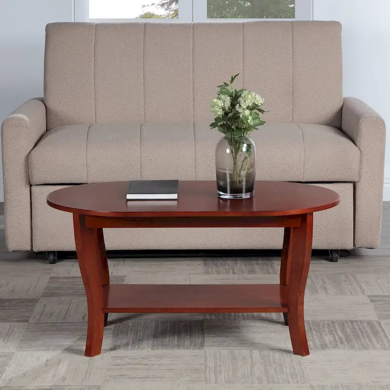 Table basse ovale en bois avec étagère inférieure, pieds courbés, couleur expresso, blanc, noir