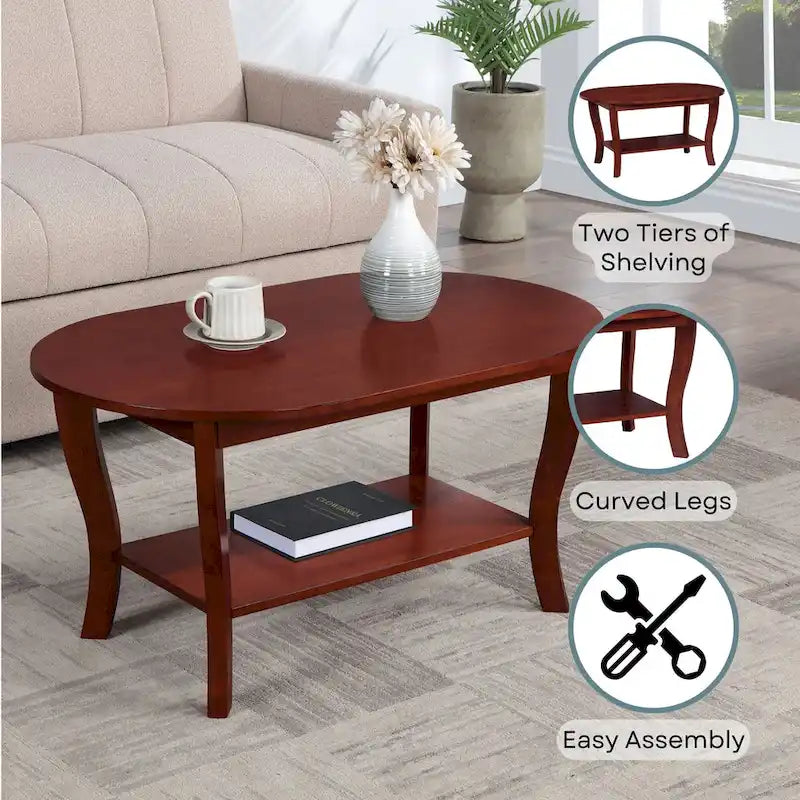 Table basse ovale en bois avec étagère inférieure, pieds courbés, couleur expresso, blanc, noir