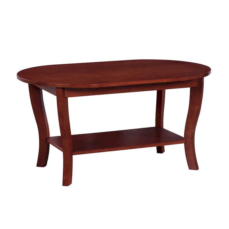 Table basse ovale en bois avec étagère inférieure, pieds courbés, couleur expresso, blanc, noir