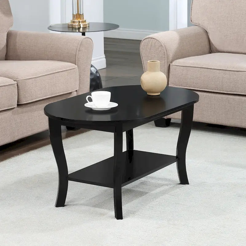 Table basse ovale en bois avec étagère inférieure, pieds courbés, couleur expresso, blanc, noir