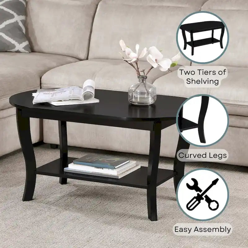 Table basse ovale en bois avec étagère inférieure, pieds courbés, couleur expresso, blanc, noir