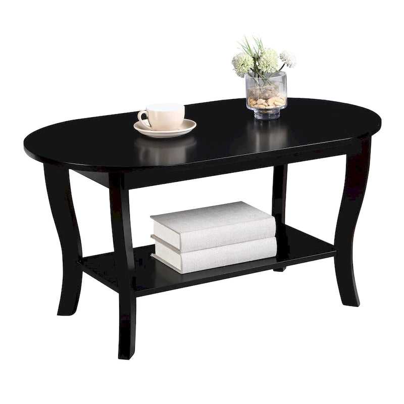 Table basse ovale en bois avec étagère inférieure, pieds courbés, couleur expresso, blanc, noir