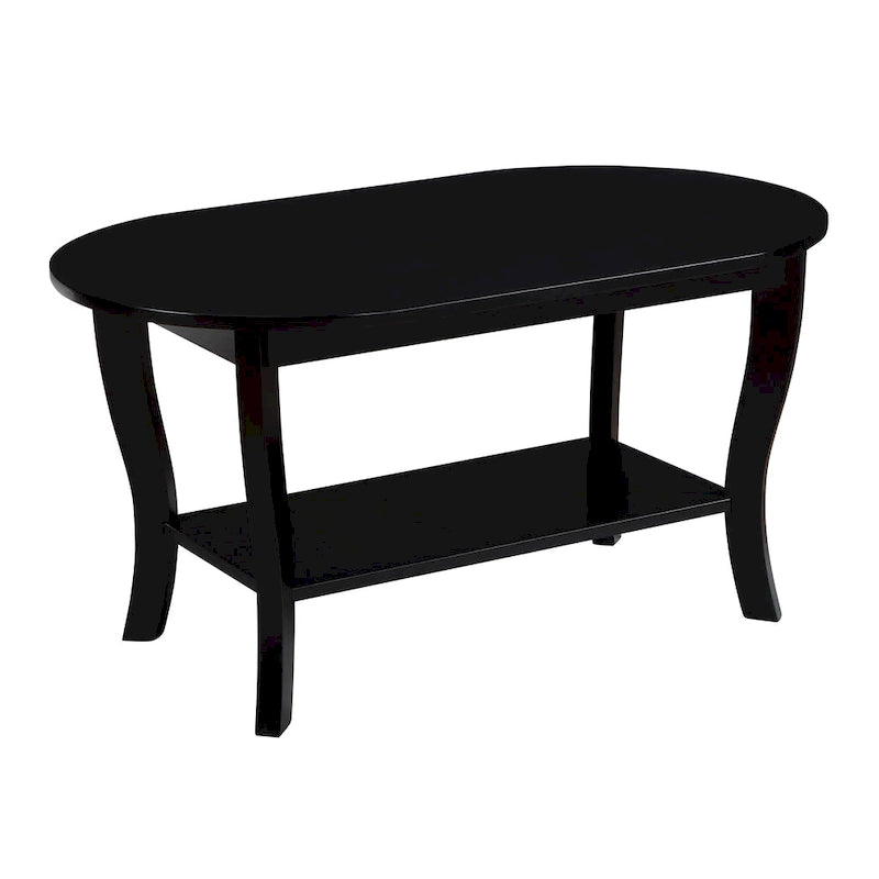 Table basse ovale en bois avec étagère inférieure, pieds courbés, couleur expresso, blanc, noir