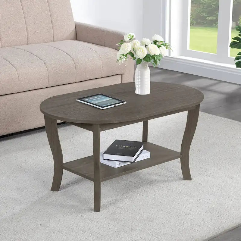 Table basse ovale en bois avec étagère inférieure, pieds courbés, couleur expresso, blanc, noir