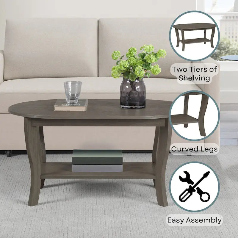 Table basse ovale en bois avec étagère inférieure, pieds courbés, couleur expresso, blanc, noir
