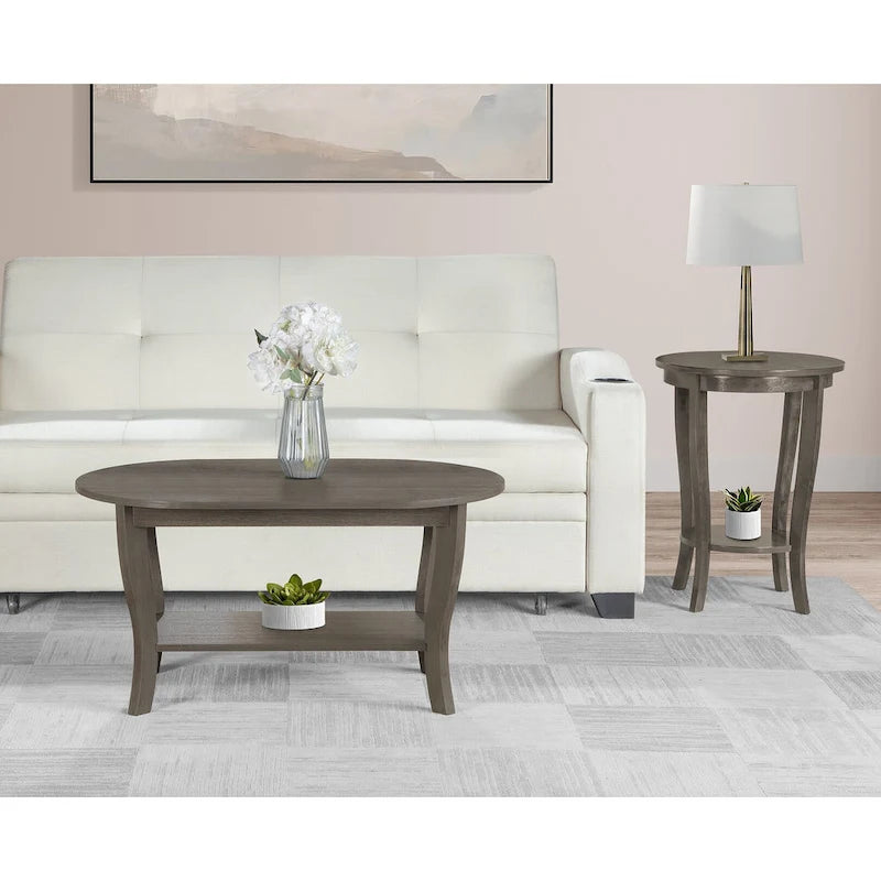Table basse ovale en bois avec étagère inférieure, pieds courbés, couleur expresso, blanc, noir