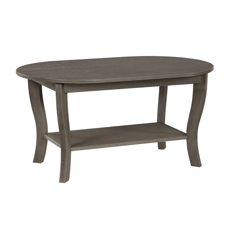 Table basse ovale en bois avec étagère inférieure, pieds courbés, couleur expresso, blanc, noir