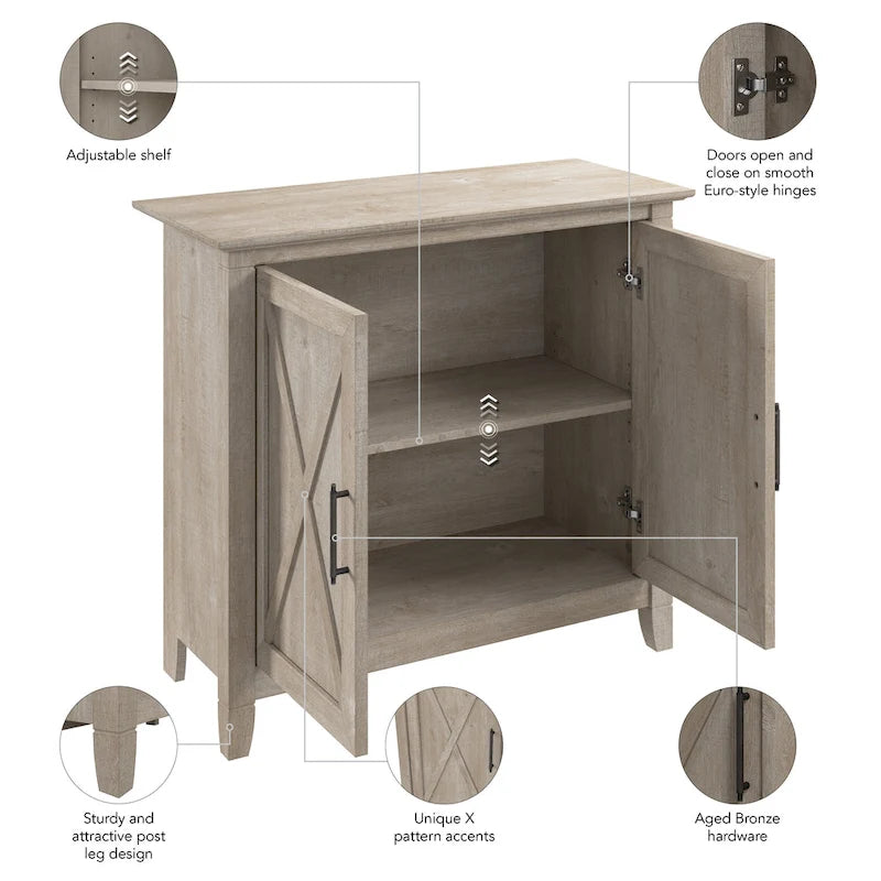 Petit meuble de rangement 2 portes style ferme avec motifs en X, gris Cape Cod