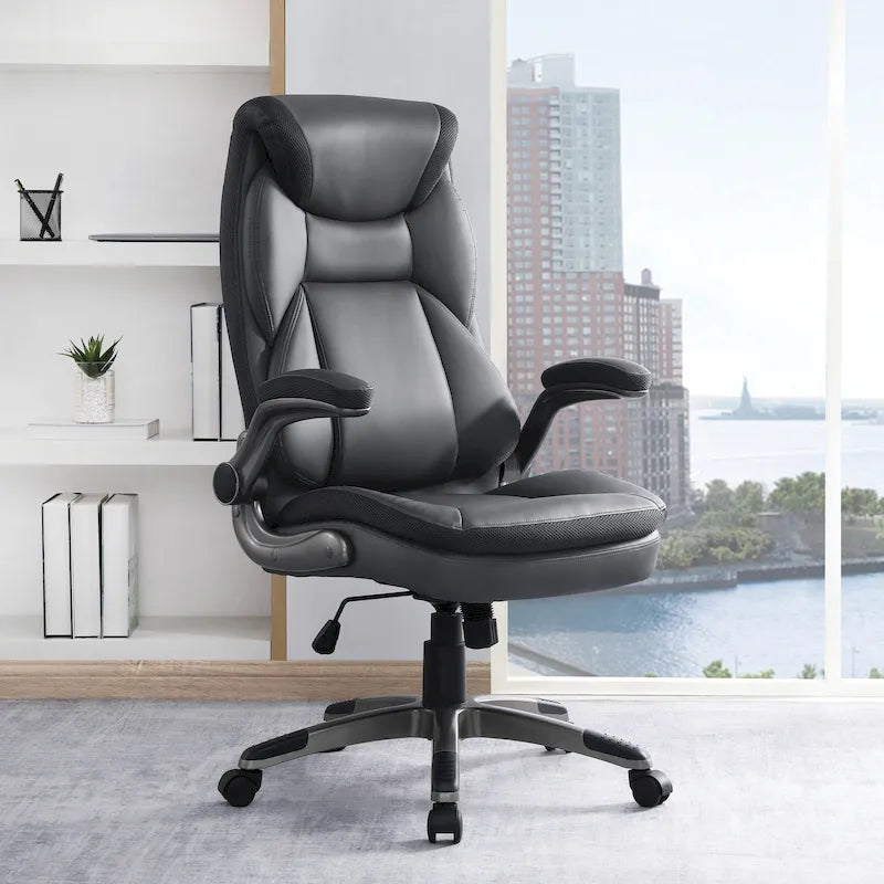Fauteuil de bureau de direction grand dossier en cuir reconstitué avec accoudoirs relevables Taupe