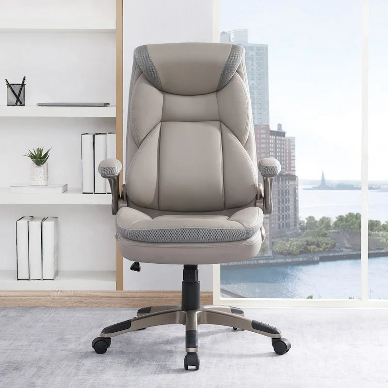 Fauteuil de bureau de direction grand dossier en cuir reconstitué avec accoudoirs relevables Taupe