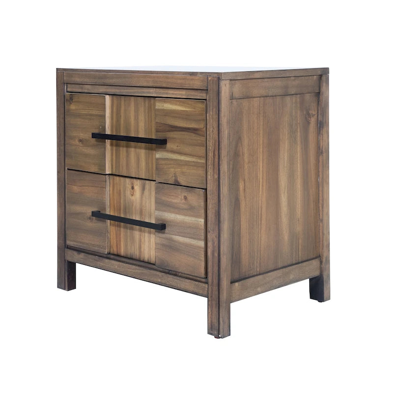 Table de chevet en bois massif à 2 tiroirs avec poignées en métal Espresso Gris Chêne clair Blanc