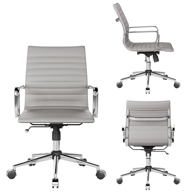 Chaise de bureau ergonomique pivotante côtelée avec accoudoirs chromés, revêtement en similicuir, multicolore