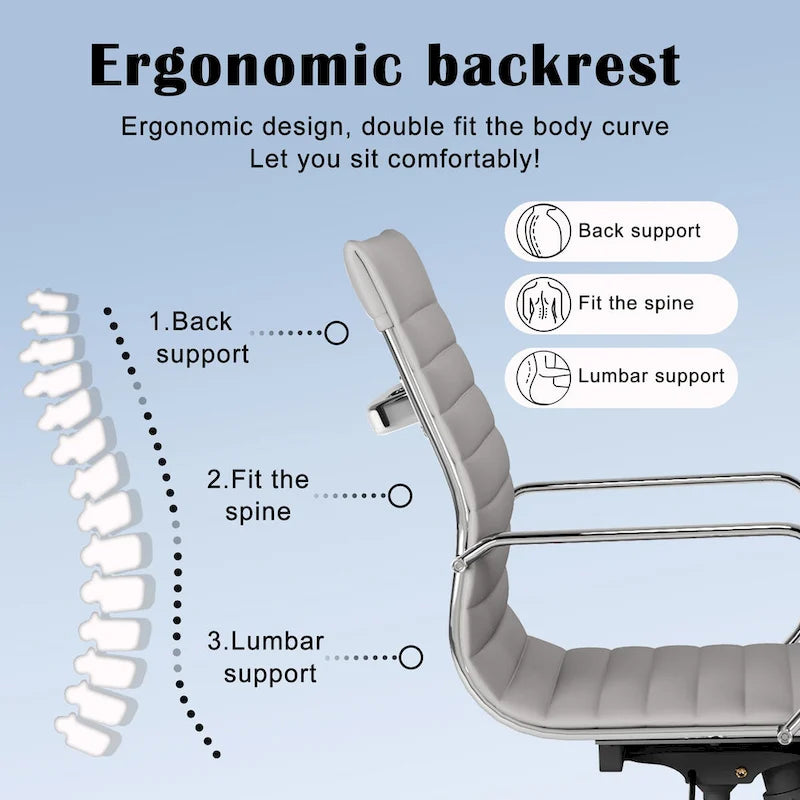 Chaise de bureau ergonomique pivotante côtelée avec accoudoirs chromés, revêtement en similicuir, multicolore