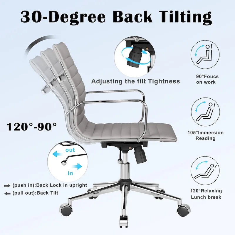 Chaise de bureau ergonomique pivotante côtelée avec accoudoirs chromés, revêtement en similicuir, multicolore