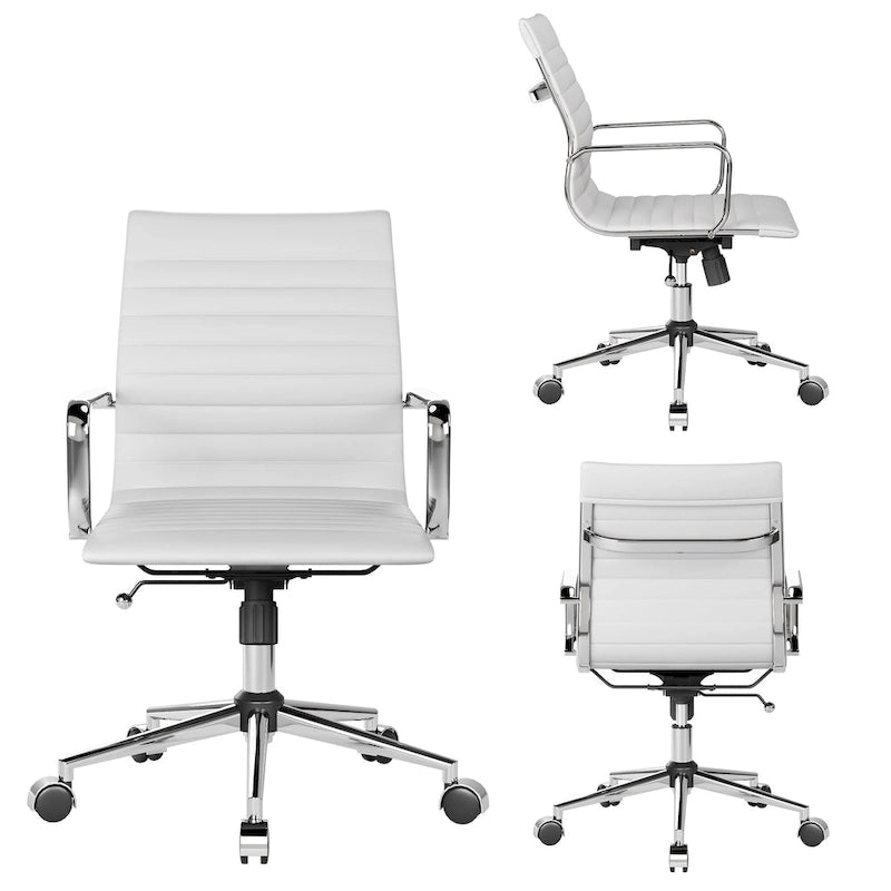 Chaise de bureau ergonomique pivotante côtelée avec accoudoirs chromés, revêtement en similicuir, multicolore