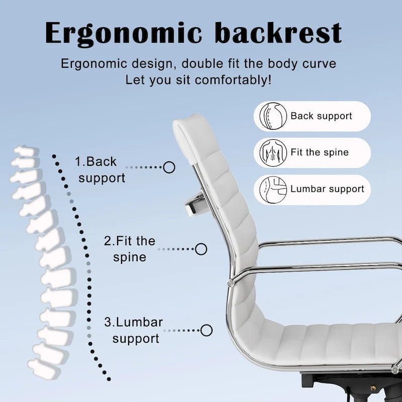 Chaise de bureau ergonomique pivotante côtelée avec accoudoirs chromés, revêtement en similicuir, multicolore