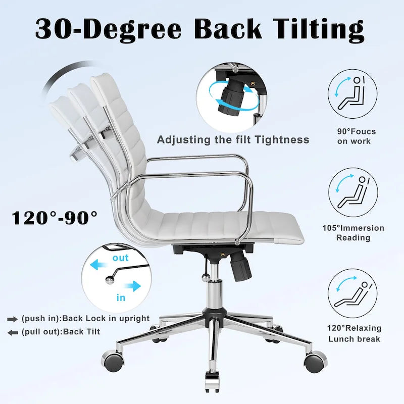 Chaise de bureau ergonomique pivotante côtelée avec accoudoirs chromés, revêtement en similicuir, multicolore