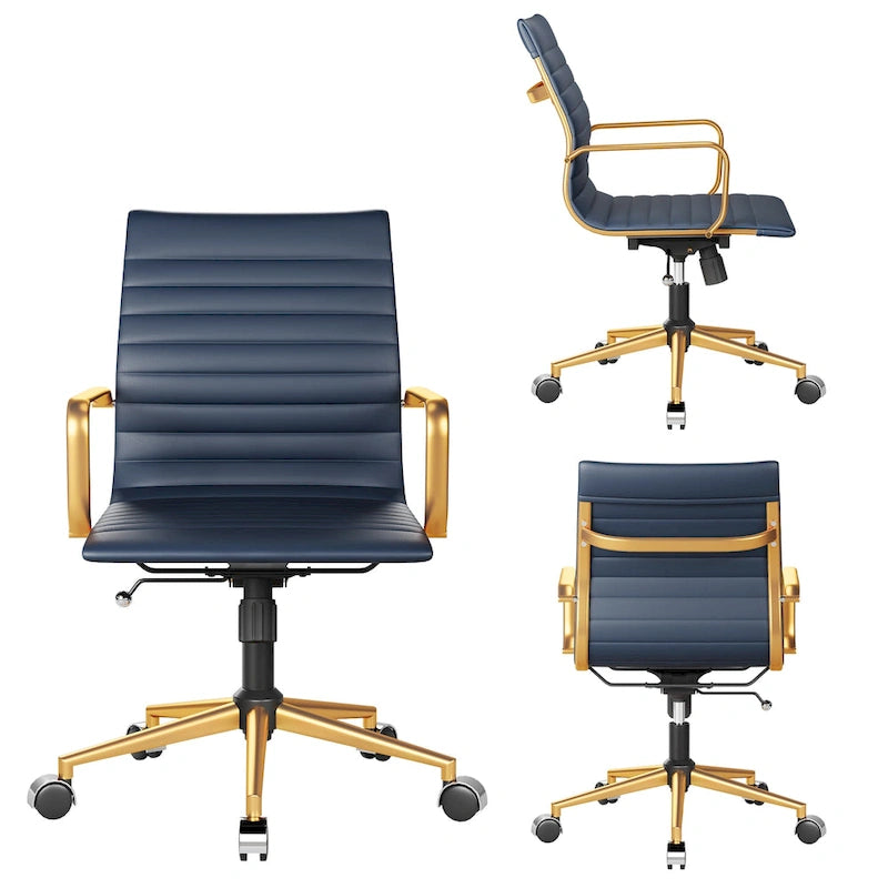 Chaise de bureau ergonomique pivotante côtelée avec accoudoirs chromés, revêtement en similicuir, multicolore