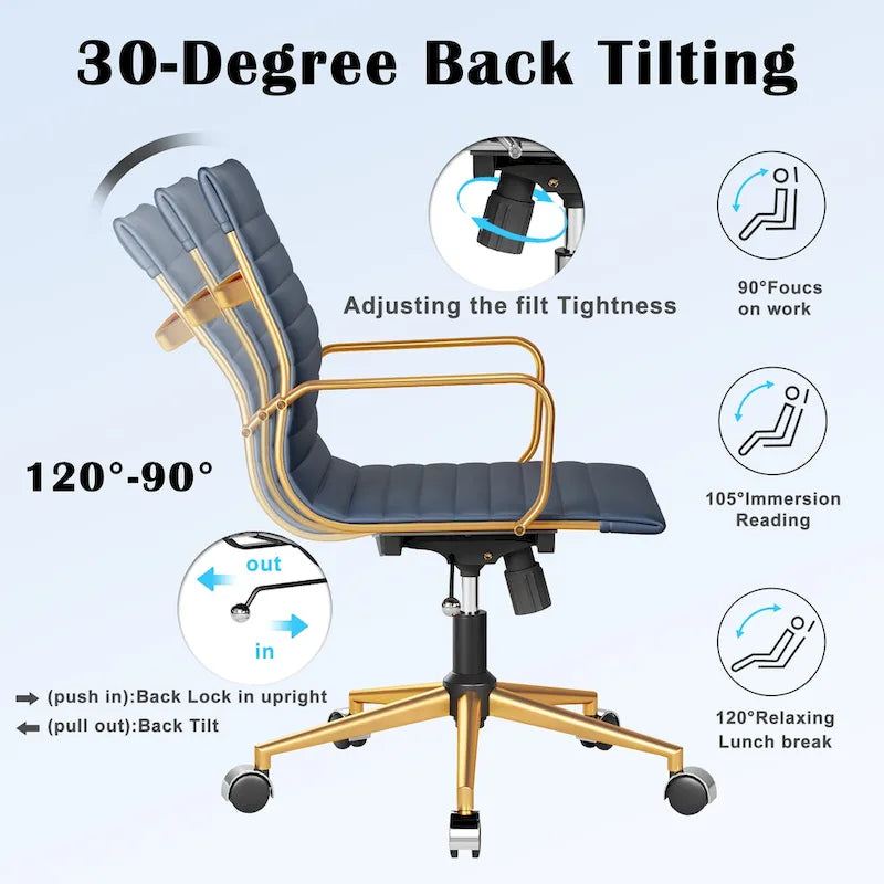 Chaise de bureau ergonomique pivotante côtelée avec accoudoirs chromés, revêtement en similicuir, multicolore