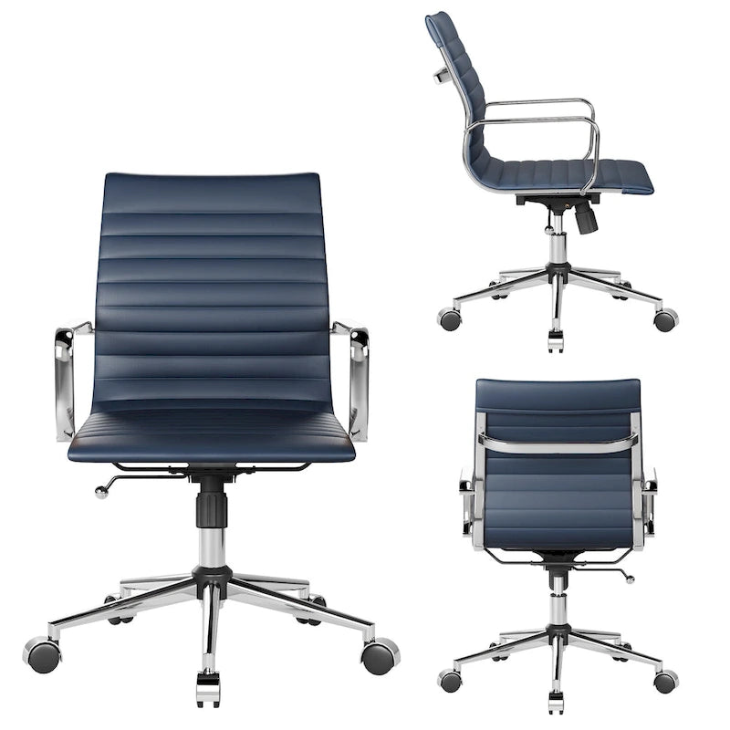 Chaise de bureau ergonomique pivotante côtelée avec accoudoirs chromés, revêtement en similicuir, multicolore