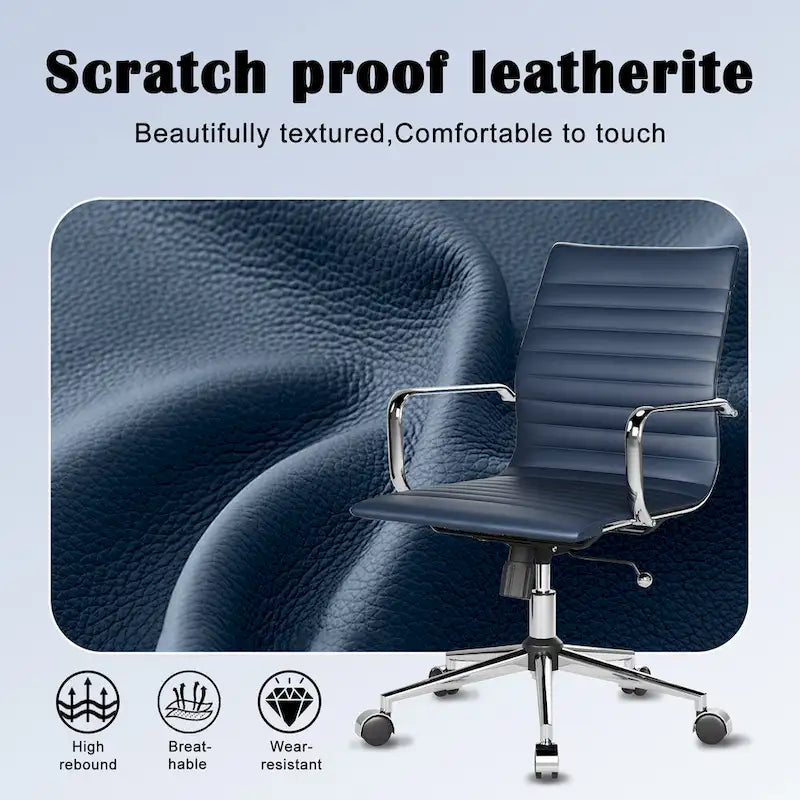 Chaise de bureau ergonomique pivotante côtelée avec accoudoirs chromés, revêtement en similicuir, multicolore