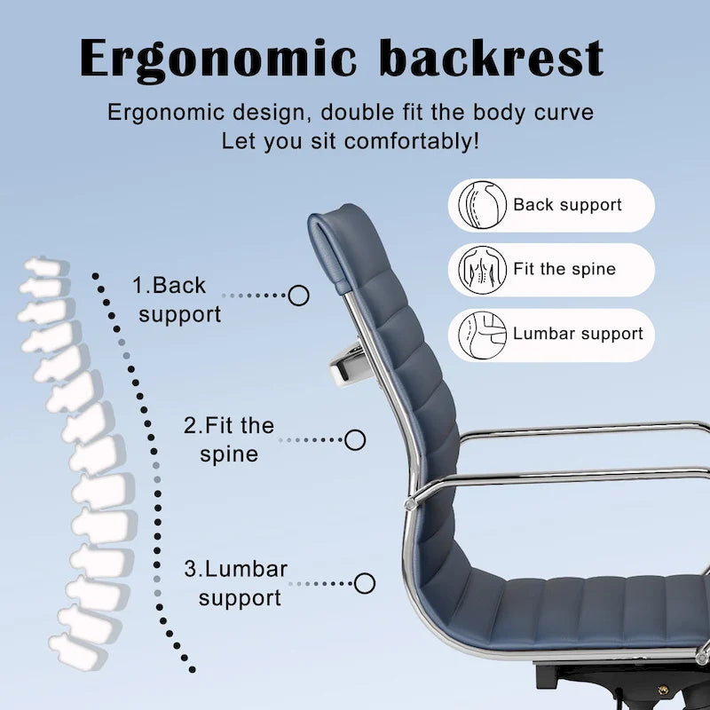 Chaise de bureau ergonomique pivotante côtelée avec accoudoirs chromés, revêtement en similicuir, multicolore
