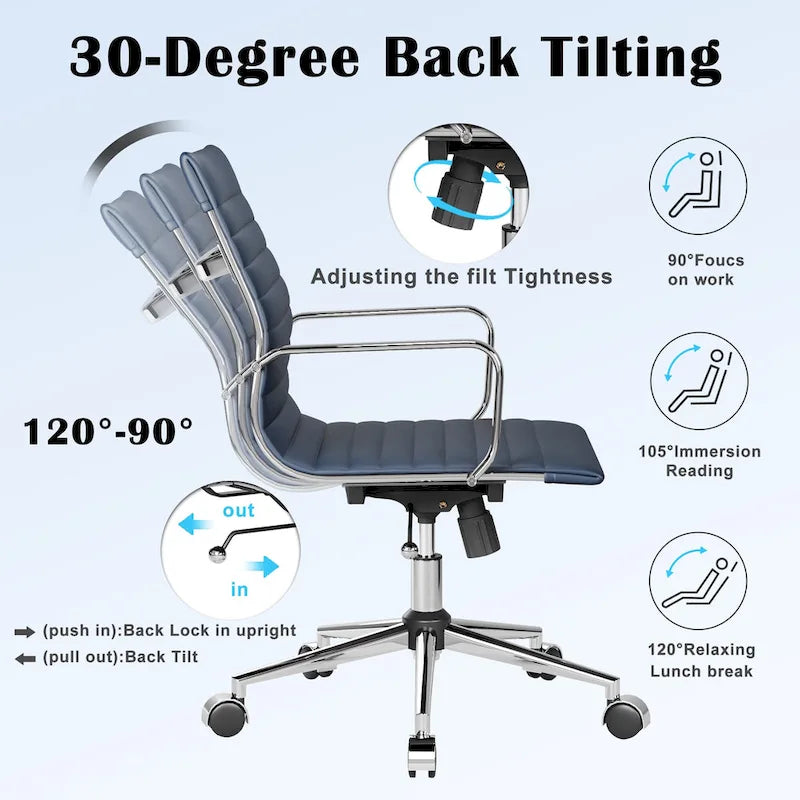 Chaise de bureau ergonomique pivotante côtelée avec accoudoirs chromés, revêtement en similicuir, multicolore