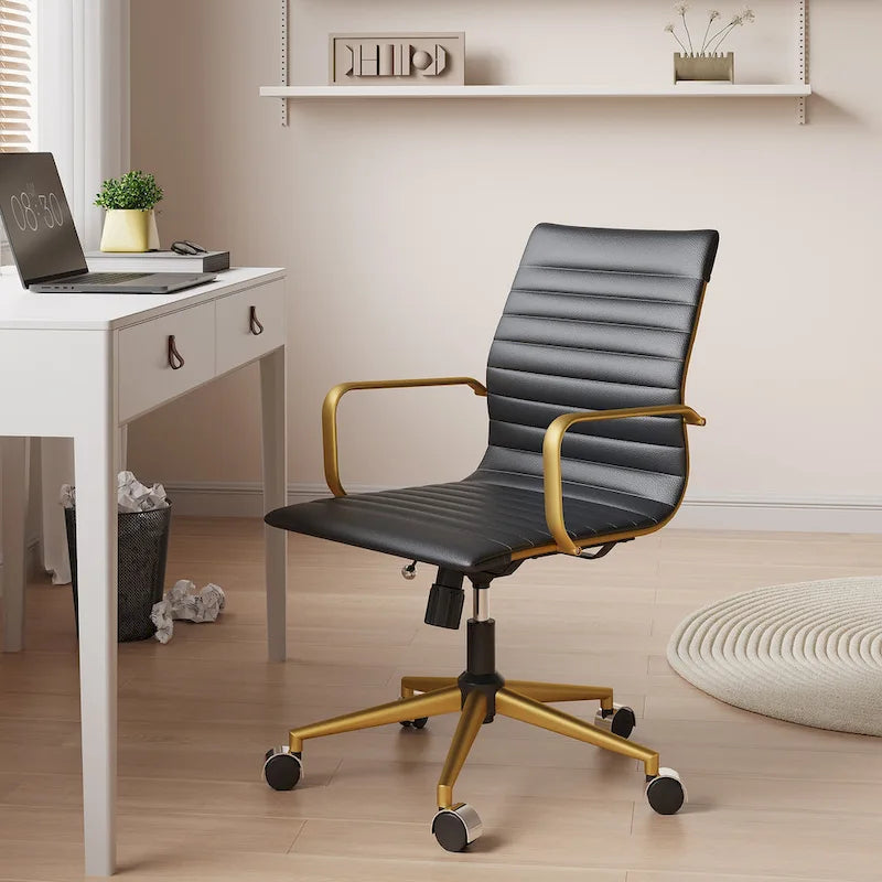 Chaise de bureau ergonomique pivotante côtelée avec accoudoirs chromés, revêtement en similicuir, multicolore