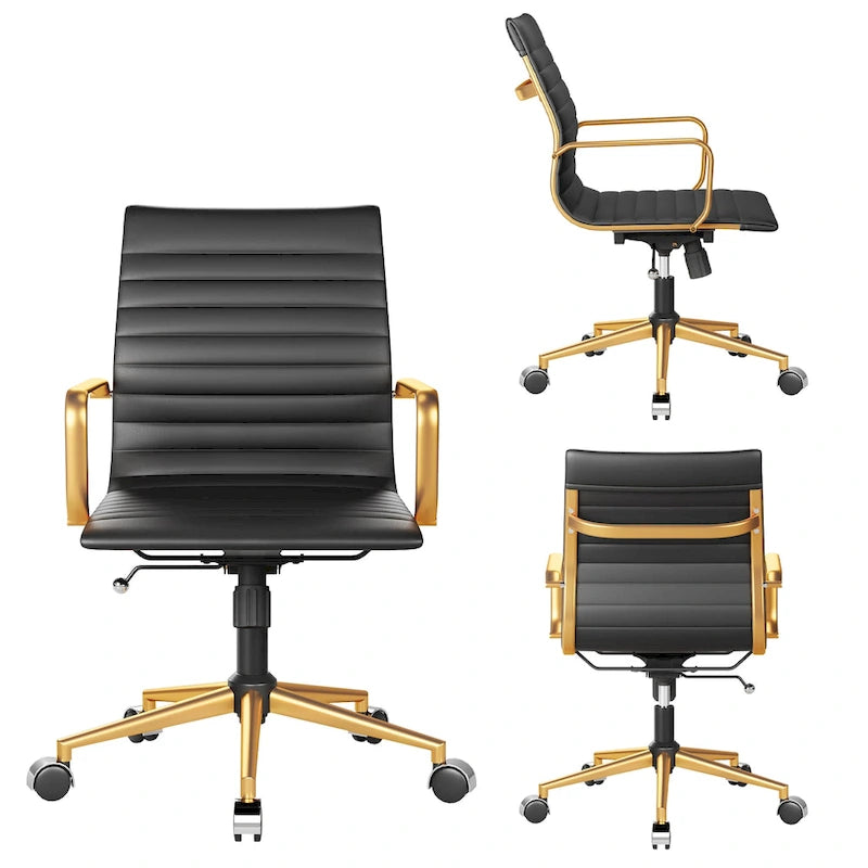 Chaise de bureau ergonomique pivotante côtelée avec accoudoirs chromés, revêtement en similicuir, multicolore