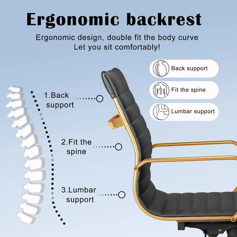 Chaise de bureau ergonomique pivotante côtelée avec accoudoirs chromés, revêtement en similicuir, multicolore