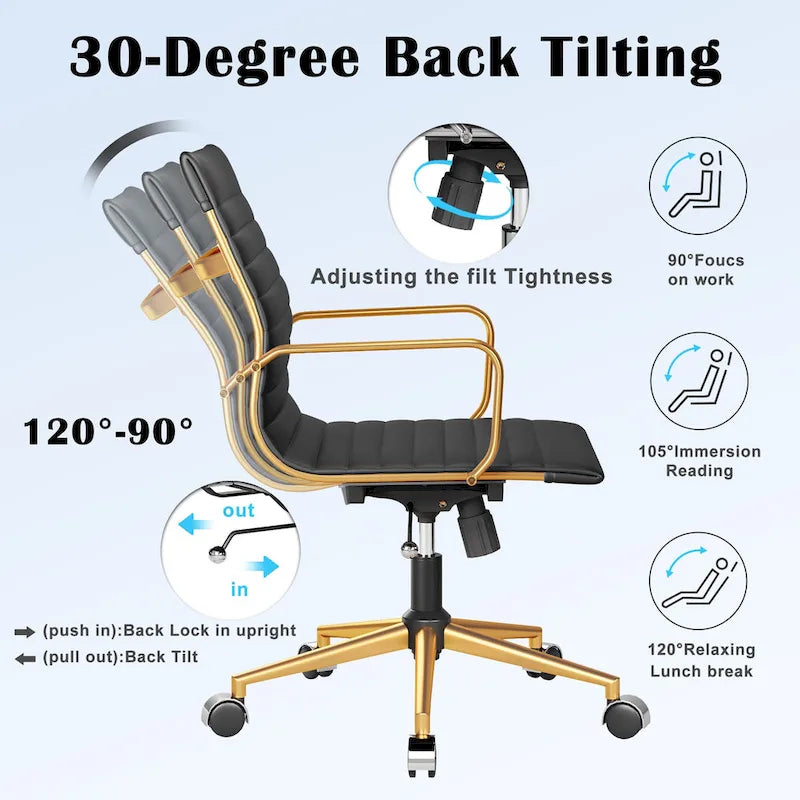Chaise de bureau ergonomique pivotante côtelée avec accoudoirs chromés, revêtement en similicuir, multicolore