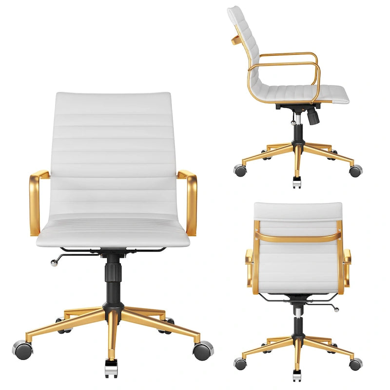 Chaise de bureau ergonomique pivotante côtelée avec accoudoirs chromés, revêtement en similicuir, multicolore