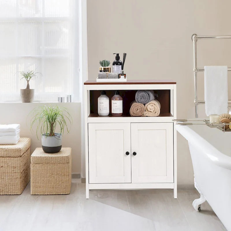 Armoire de rangement sur pied à deux portes (blanc et marron) avec étagères réglables