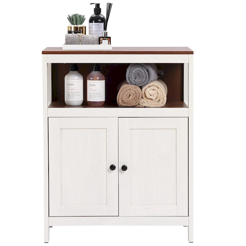Armoire de rangement sur pied à deux portes (blanc et marron) avec étagères réglables