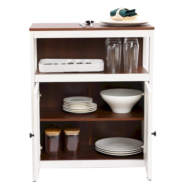 Armoire de rangement sur pied à deux portes (blanc et marron) avec étagères réglables