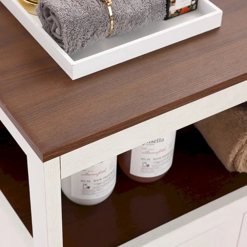Armoire de rangement sur pied à deux portes (blanc et marron) avec étagères réglables