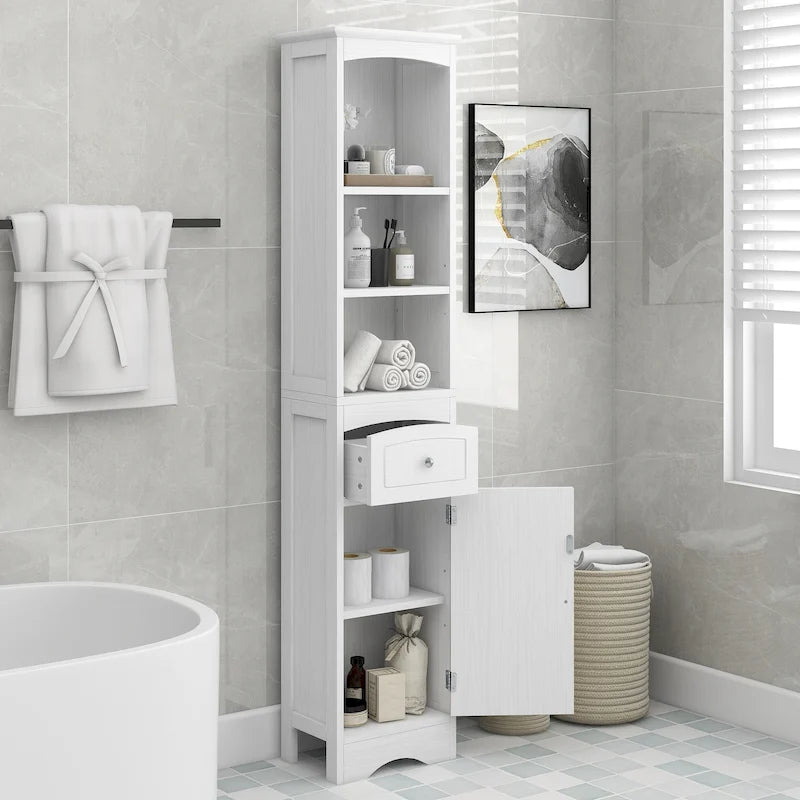 Meuble de rangement haut de salle de bain peint en blanc avec tiroir et étagères réglables