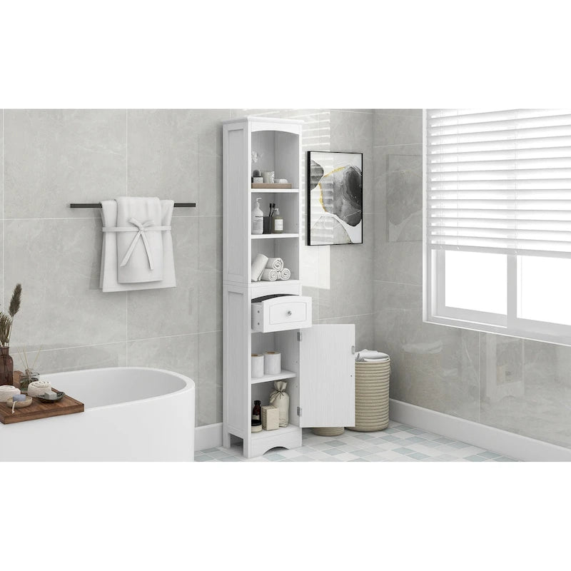 Meuble de rangement haut de salle de bain peint en blanc avec tiroir et étagères réglables