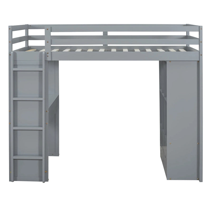 Lit mezzanine gris pleine grandeur avec étagères de rangement, tiroirs, bureau et lumière LED