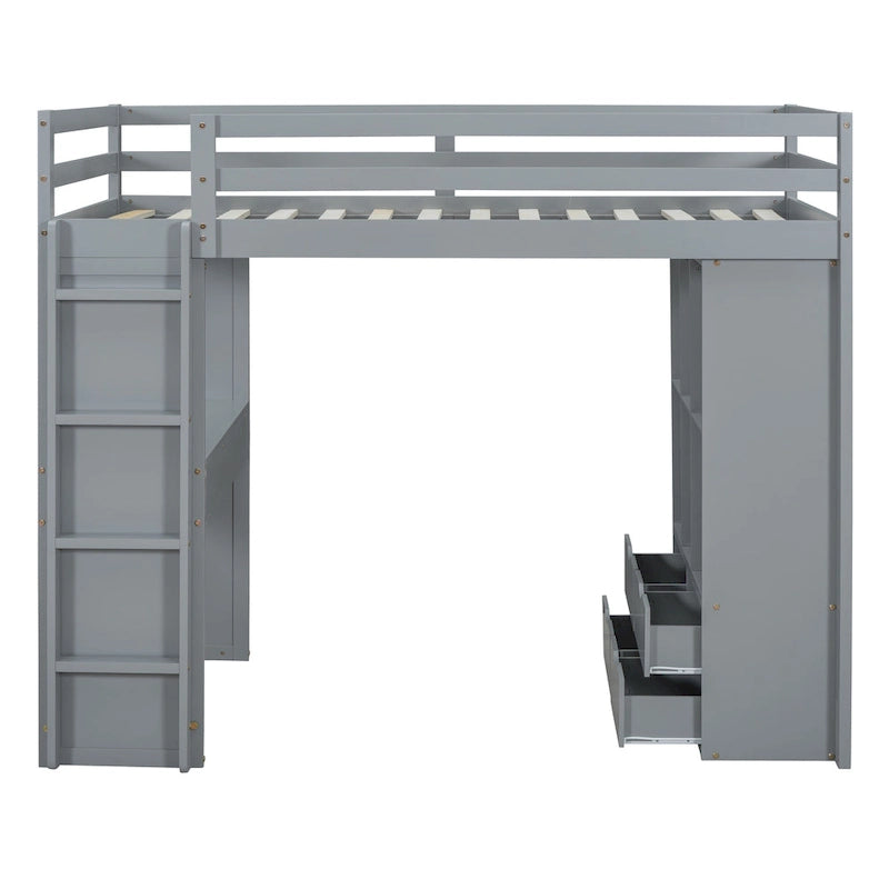 Lit mezzanine gris pleine grandeur avec étagères de rangement, tiroirs, bureau et lumière LED