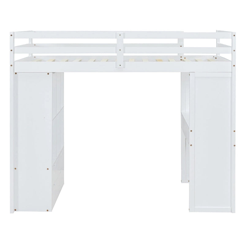 Lit mezzanine gris pleine grandeur avec étagères de rangement, tiroirs, bureau et lumière LED